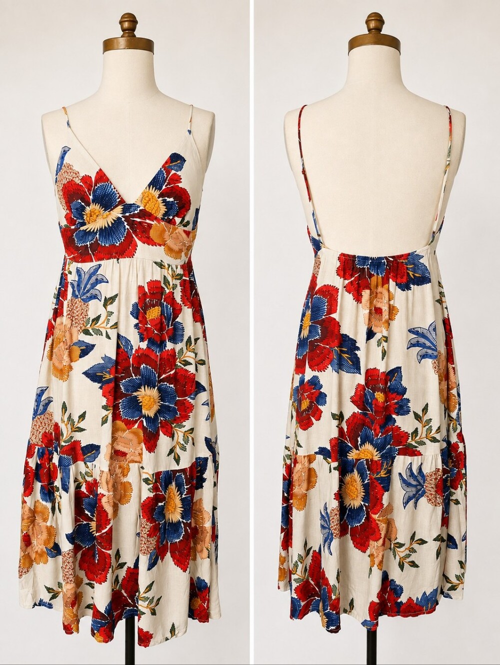 FARM Rio Pineapple Floral Maroon Blue Cream Tropical Open Back Dress, S
